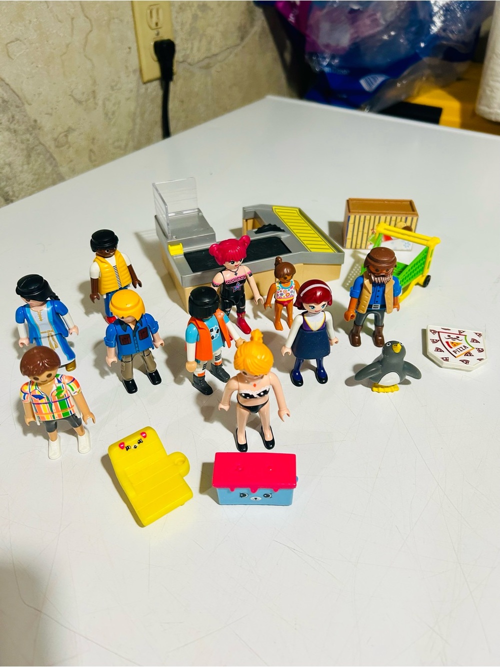 Assorted Playmobil Figures and grocery store Accessories